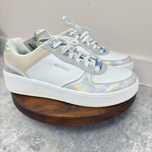 Skechers Women's Sport Court 2.0 Pretty Factor Iridescent Silver/ White Sneakers